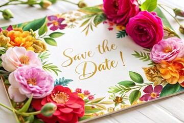 Elegant Luxury Save the Date Card Design with Floral Elements and Gold Foil Accents on White Background