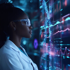 black female doctor studying a holographic chart for health and medicine data