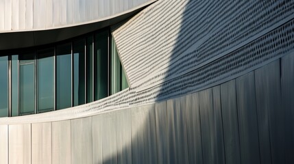 Obraz premium Get close to a curved metal surface on a modern building, emphasizing the texture, reflections, and patterns in the material.