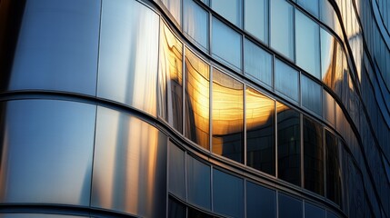 Obraz premium Get close to a curved metal surface on a modern building, emphasizing the texture, reflections, and patterns in the material.