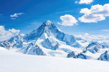 Snow-Capped Mountain Peaks Against a Blue Sky with White Clouds