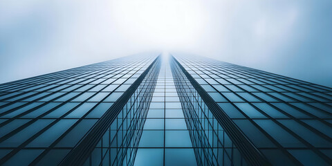 Fototapeta premium Modern glass skyscraper facade with repeating patterns disappearing into the clouds