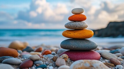 beach scene featuring colorful pebble stones piled together, highlighting the beauty and diversity of coastal rocks along the tranquil shoreline