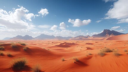 Naklejka premium an ultra-wide landscape shot of a desert featuring red sand dunes that extend into the distance, capturing the essence of wilderness and the beauty of nature