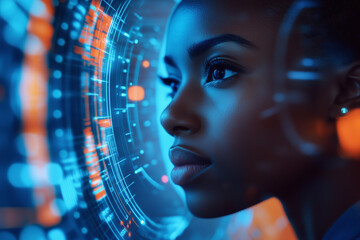 .AI cyber security threat, female african american IT specialist analysing futuristic holographic data information. blue & orange colour,