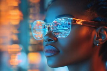 .AI cyber security threat, female african american IT specialist analysing futuristic holographic data information. blue & orange colour,