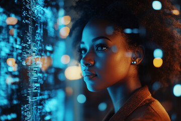 .AI cyber security threat, female african american IT specialist analysing futuristic holographic data information. blue & orange colour,