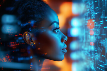 .AI cyber security threat, female african american IT specialist analysing futuristic holographic data information. blue & orange colour,