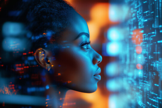 .AI cyber security threat, female african american IT specialist analysing futuristic holographic data information. blue & orange colour,