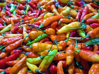 Fresh chilies displayed in a vegetable shop.
