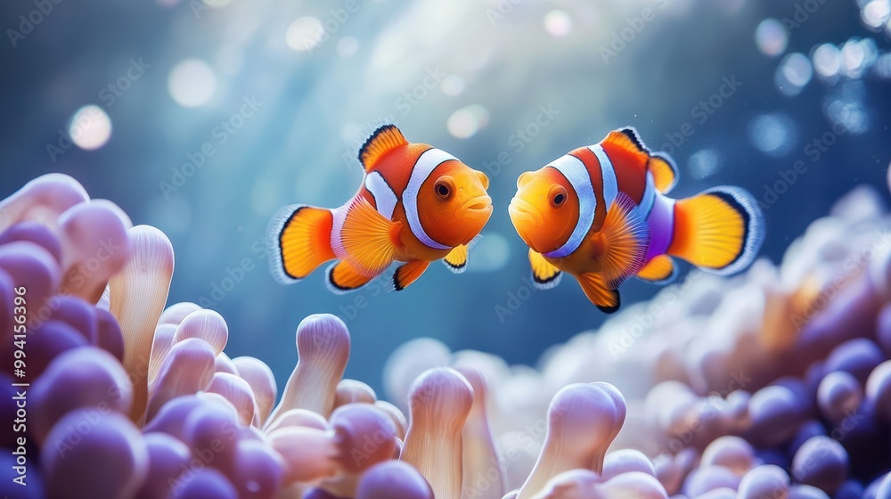 Wall mural two orange clownfish swimming in aquarium underwater diving and vivid tropical fish hidding in bubbl