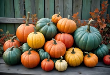 An assortment of orange pumpkins, gourds, and red berries on a wooden surface