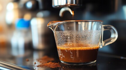 Freshly brewed espresso dripping into a measuring cup, showcasing rich color and aroma in a cozy kitchen setting.