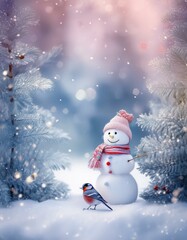 Fototapeta premium A little cute snowman dressed in a wool scarf and hat and a red bullfinch bird in a beautiful white winter garden. Christmas and New Year illustration. 