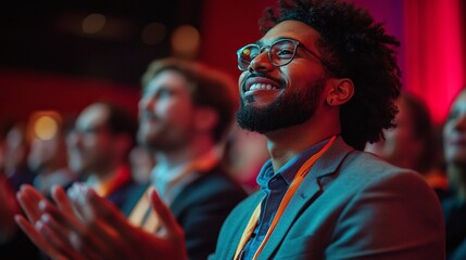 Obraz premium diverse group of men and women at a conference clapping in response to the speaker, highlighting professional networking, teamwork, and audience engagement