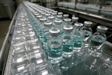 Naklejka premium Medical vials move along a production line conveyor belt in a pharmaceutical healthcare factory that mass produces prescription medical vials