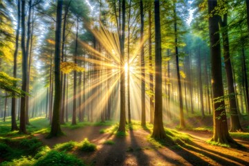 Obraz premium Sunbeams shining through trees in forest
