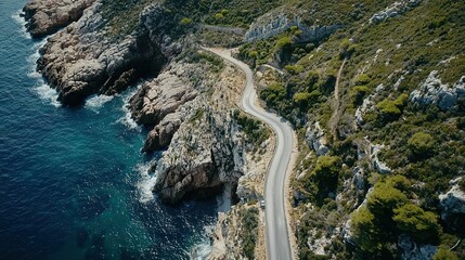 Scenic coastal road winding along rocky cliffs and clear blue waters near a serene seaside location during daylight
