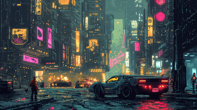 2d pixel art  of futuristic city, neon light, cyber punk, pixel art, 16-bit, 32-bit
