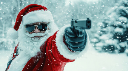 santa claus with sunglasses holding a gun, cool santa clause