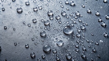 Water droplets glistening on a smooth metallic surface.