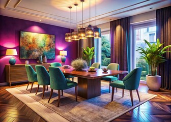 Elegant Modern Luxury Dining Room with Stylish Furniture, Artistic Décor, and Soft Ambient Lighting