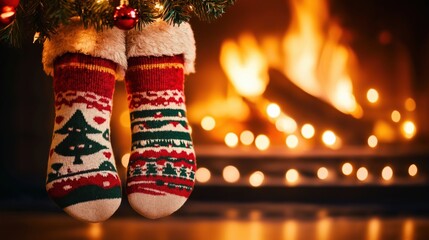 Christmas-themed socks by warm fireplace