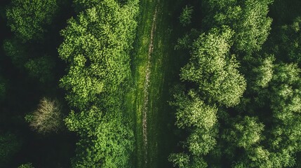 Aerial view of a lush green forest pathway surrounded by thick foliage on a sunny day in early summer