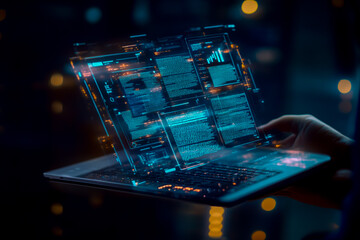 Businessman using a laptop with floating digital document icons on a virtual screen for online document management.