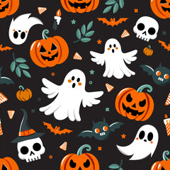 Happy Halloween party seamless pattern with cute ghosts, creepy pumpkin, bats, flowers and fancy hat.