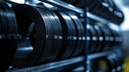 Coiled industrial rubber belts on steel rack