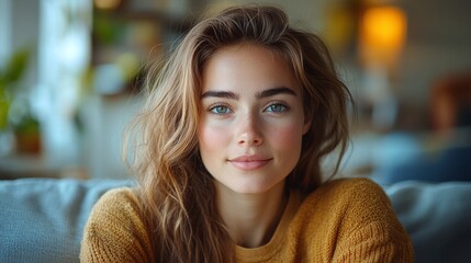 woman sitting comfortably on a couch in her living room looking at the camera capturing a relaxed and stylish indoor portrait in a peaceful home setting