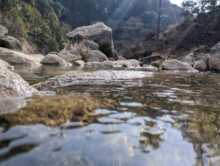 water flowing down a stream in a valley