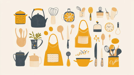 A vibrant illustration of kitchen utensils, cookware, and ingredients, featuring playful designs in yellow and muted tones.