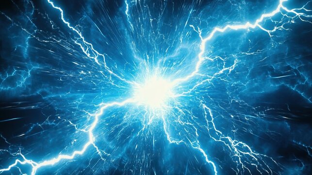 A brilliant display of blue lightning surges brightly across a dark night sky, capturing the force of nature in a spectacular clash of energy