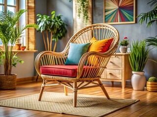 Obraz premium Elegant Rattan Chair in Cozy Living Room Setting for Stylish Home Decor and Relaxation Spaces