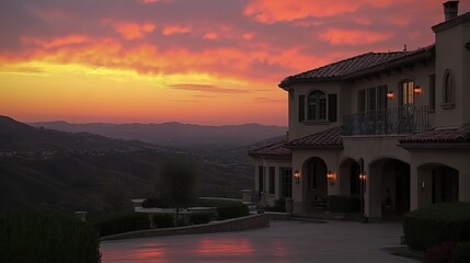 Breathtaking sunset over a hillside villa with vibrant orange and pink clouds in the sky, capturing a serene evening atmosphere
