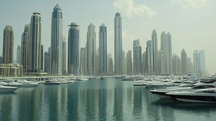 Fototapeta premium Stunning skyline of Dubai Marina with luxury yachts at sunset, showcasing modern architecture and vibrant waterfront life