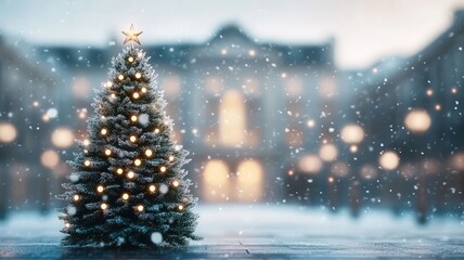 Obraz premium A beautifully decorated Christmas tree stands in a snowy setting, with soft blurred lights and snowflakes creating a festive, magical atmosphere.