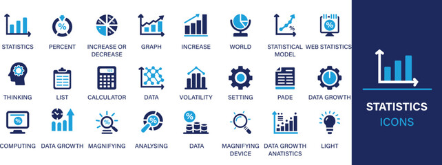 Statistics best solid icon set collection. Web statistics, survey, prediction, analysis, chart, graph, growth, meeting and presentation. Vector illustration.