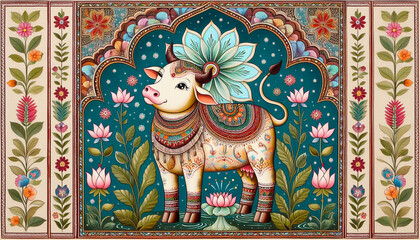   portrait of beautiful  Indian cow, traditional Indian folk art Madhubani or Pichwai painting decorative with floral patterns frame