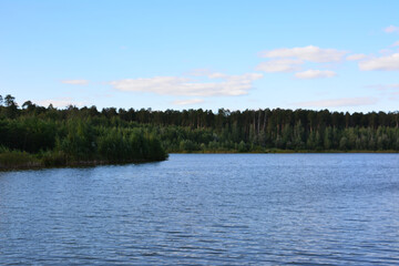 a lake with a forest in the background and a small island in the middle of the water 