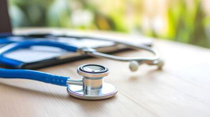 Close-up of a stethoscope on a wooden desk, symbolizing healthcare and medical examination in a professional environment