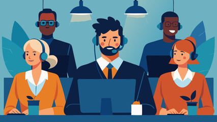 Office operators with headsets. Customer service, hotline operators, technical global support, customer support department staff. Vector
