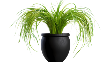 A black pot with green grass growing out of been woven into the shape of pigtails, isolated on a transparent background, png file, Generative AI illustrations. 