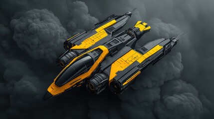 Naklejka premium Futuristic spaceship design, black and yellow, flying through dark clouds.