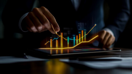 Businessman using a tablet displaying a rising graph and bar chart, symbolizing business growth and financial analysis.