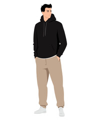 Vector illustration. A man in a black hoodie and light pants, complemented by white sneakers. Dark and stylish image.