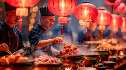 Chinese New Year Food Festival: Chefs prepare delicious dishes under glowing red lanterns. A...