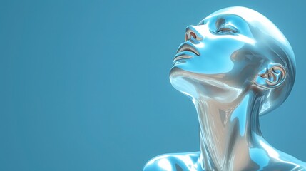 Surrealistic 3d sculpture of a young woman. Model with silver metallic glossy metallic skin on clear blue background. Contemporary aesthetic. Copy space.